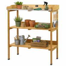 KCT 3 Tier Potting Table Bench Outdoor Garden Wooden Station for Greenhouse Shed Workbench Gardening Planting Plant Station Stand with Hooks & Shelves