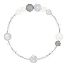 Silver Two-Tone White Grey Pearl Crystal Station Bracelet, Minimalist Chic Women Wrist Jewelry 5365739