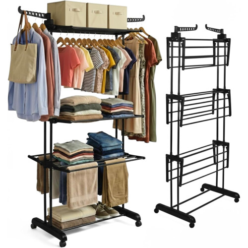 Straame 4 Tier Airer Foldable Drying Rack Black