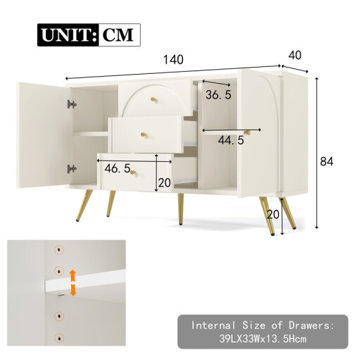 (Cream White) Cream Sideboard 140x40x84cm 2Doors 3Drawers Shelf 2