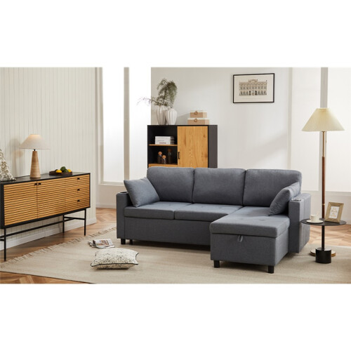 (Grey, Fabric) Grey Convertible Sectional Sofa Bed 3-Seat 2
