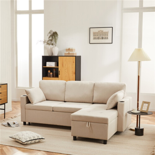 (Beige, Fabric) Beige Convertible Sectional Sofa Bed 3-Seat 1