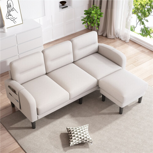 (Beige, Fabric) Beige L-Shaped Sofa 204x136x80cm Modular Chaise 1