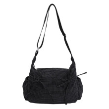 (Black With Bow) Women Checkered Sling Bag Nylon Drawstring Crossbody Bag Large Capacity Trendy Satchel Bag Shopping Date Handbags and Purses