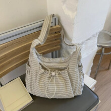 (Beige Drawstring) Women Checkered Sling Bag Nylon Drawstring Crossbody Bag Large Capacity Trendy Satchel Bag Shopping Date Handbags and Purses