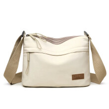 (Beige) 3 Main Pockets High Capacity Shoulder Crossbody Bag for Women Multi-pocket Purse Canvas Handbag Suitable for Mothers Shopping