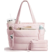 (Pink) Large Capacity Tote Bag for Women Multiple Pockets Commuting Bags Lightweight Water-resistant Mom Bag Shoulder Bag