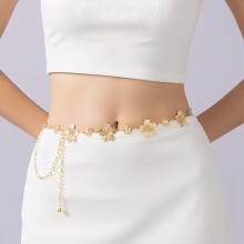 (StyleC)Elegante cadena de cintura de doble capa de aleación de zinc con elementos brillantes para mujeres adultas