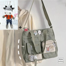 (Green with Calf) Nylon Waterproof Canvas Women Handbags Shoulder Bag Japanese Ladies Messenger Bag Student School Crossbody Bags for Girl Satchel