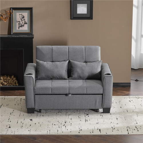 (Gray, Fabric) Grey Sofa Bed 2-Seater Pull Out Cup Holders 1