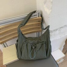 (Green Drawstring 1) Women Checkered Sling Bag Nylon Drawstring Crossbody Bag Large Capacity Trendy Satchel Bag Shopping Date Handbags and Purses