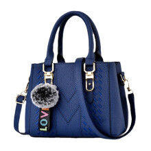 (Dark Blue) Korea Leather Women Handbag with Keychain Open Pocket Shoulder Bag Large Capacity Casual Messenger Bag Lady