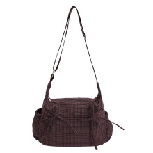 (Coffee With Bow) Women Checkered Sling Bag Nylon Drawstring Crossbody Bag Large Capacity Trendy Satchel Bag Shopping Date Handbags and Purses