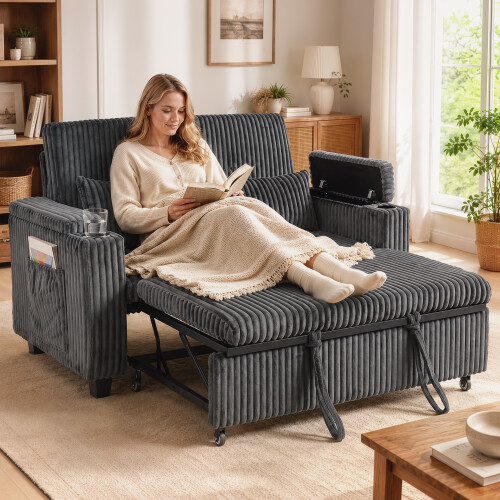 Homcom HOMCOM 2 Seater Sofa Bed, 3-in-1 Corduroy Pull Out Sleeper Sofa, Dark Grey
