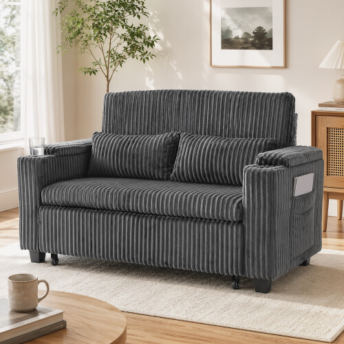 Homcom HOMCOM 2 Seater Sofa Bed, 3-in-1 Corduroy Pull Out Sleeper Sofa, Dark Grey 1