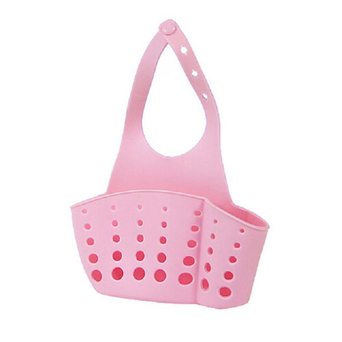 (Pink)Kitchen Sink Soap Sponge Holder Organizer Adjustable Snap Hanging Basket Drain