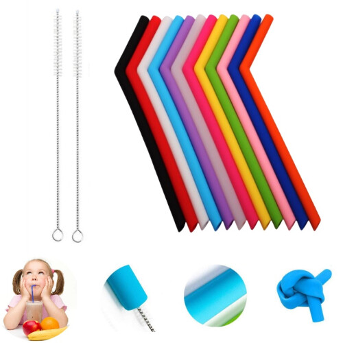 (Transparency)Reusable Silicone Drinking Bent Straws Solid Color Round Shape Brushes Cleaning 2