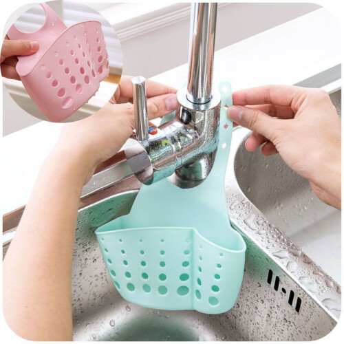 (Pink)Kitchen Sink Soap Sponge Holder Organizer Adjustable Snap Hanging Basket Drain 1
