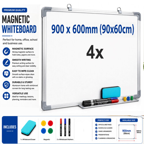 4Pcs 900 x 600mm Extra Large Magnetic Whiteboard UK