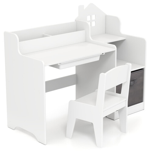 Kinderbureau en -stoelset met planken en lade, wit 1