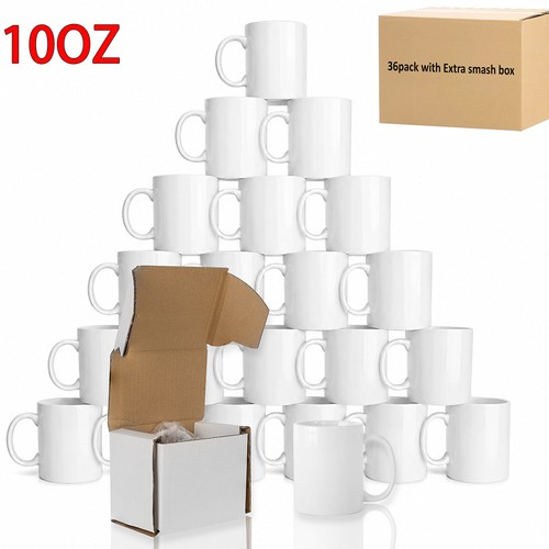 36xBlank 10oz Sublimation Mugs White Coffee Cups with Large Handle & Smash Boxes