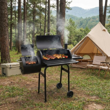 BBQ Grill Charcoal Offset Smoker Portable Barrel Barbecue with Wheel Thermometer