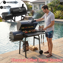 Charcoal Offset Barrel Smoker Portable BBQ Grill Thermometer & Wheel Easy Moving