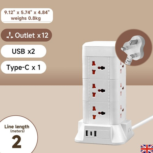 Extension 12 Way Tower Power Lead with 3 Ports Multi Socket Surge Protected UK