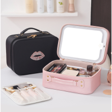Luxury Makeup Case with LED Mirror PU Makeup Box Cosmetic Organizer Black Pink