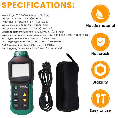 MASTECH MS5908C LCD Circuit Breaker Analyzer RCD Tester with Voltage GFCI Meter Mastech Socket Tester EU Plug