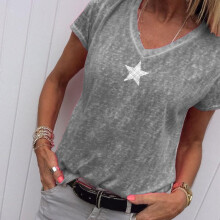 (Grey,L)Damen V-Ausschnitt Tshirt Freizeit Locker Stern Sommer Shirts Einfarbig Kurzarm
