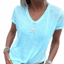 (Blue,6XL)Damen V-Ausschnitt Tshirt Freizeit Locker Stern Sommer Shirts Einfarbig Kurzarm