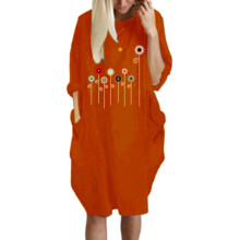 (Orange Red,M)Women Dress Pullover Ladies Baggy Loose Short Sleeve Pocket Print Dress Casual