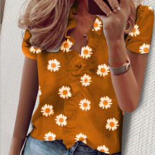 (Yellow Daisy,S)Womens V Neck Ruffle Short Sleeve T Shirt Ladies Casual Basic Blouse Shirts Tops