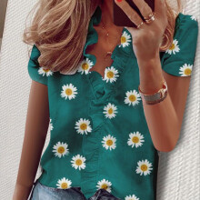 (Green Daisy,4XL)Womens V Neck Ruffle Short Sleeve T Shirt Ladies Casual Basic Blouse Shirts Tops