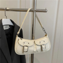 (Beige) Fashion Pu Leather Women's Shoulder Bag Small Double Pocket Design Ladies Underarm Bags Y2k Vintage Female Handbags Clutch Purse