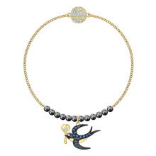 Gold Black Pearl Blue Crystal Swallow Key Bracelet, Unique Vintage Ladies Stackable Wrist Chain 5494381