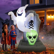 (US regulations) Fantasma gonfiabile di Halloween da 1,5 m, lapide, teschio verde con luci LED, decorazioni per feste in cortile.