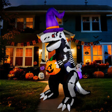 (British regulations) 2,4 m Halloween Uppblåsbar T-Rex Skelett Dinosaurie Hållande Pumpa LED Ljus Trädgårdskonst