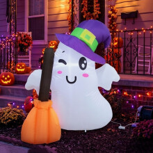 (British regulations) Fantasma bianco gonfiabile di Halloween da 1,2 m con cappello da mago e luce LED, decorazione per esterni e cortile.