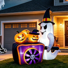 (British regulations) 1.5M Halloween Inflatable Ghost Pumpkin Cart LED Lighted Outdoor Holiday Party Decor