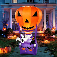 (European regulations) Halloween Inflatable Ghost with Pumpkin Hot Air Balloon LED Light Up Yard Decoration 1.8m