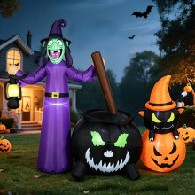 (British regulations) 1,8 m Halloween Uppblåsbar Häxa Magisk Kruka Svart Katt Pumpa LED-Ljus Utomhus Gräsmatta