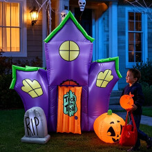 (US regulations) 2,1 m Halloween Uppblåsbart Spökhus Gravsten & Pumpa LED-Ljus Utomhus Festdekoration