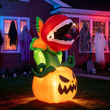 (US regulations) Zucca gonfiabile horror di Halloween a forma di piranha con luci LED, decorazione per giardino e feste.