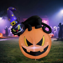 (Australian regulations) Oppblåsbart Halloween-gresskar 1,2 m med hekse- og svartkatttopper, skummel gårdsplassdekorasjon