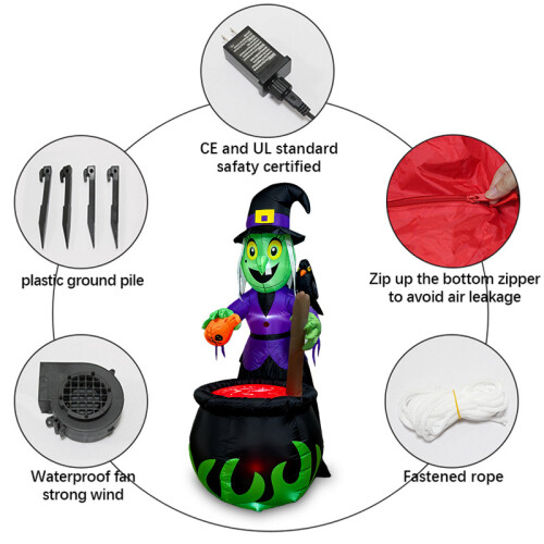 (British regulations) 1.8m Halloween Inflatable Witch Crow on Shoulder Cauldron Magic Potion Spooky Atmosphere 1