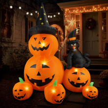 (orange) Zucca gonfiabile di Halloween da 1,8 metri, lanterna a forma di gatto nero con luci LED, decorazione per la casa, prato, patio, balcone.