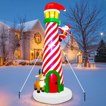(Colorful, Lighthouse - 10FT in Height) Jätte Lulu Home 9FT uppblåsbar julfyr med jultomte och renar
