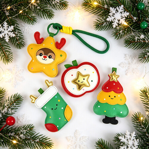 (Christmas tree) Creative Cute Christmas Keychain Set Tree Apple PU Leather Ornament Gift 1